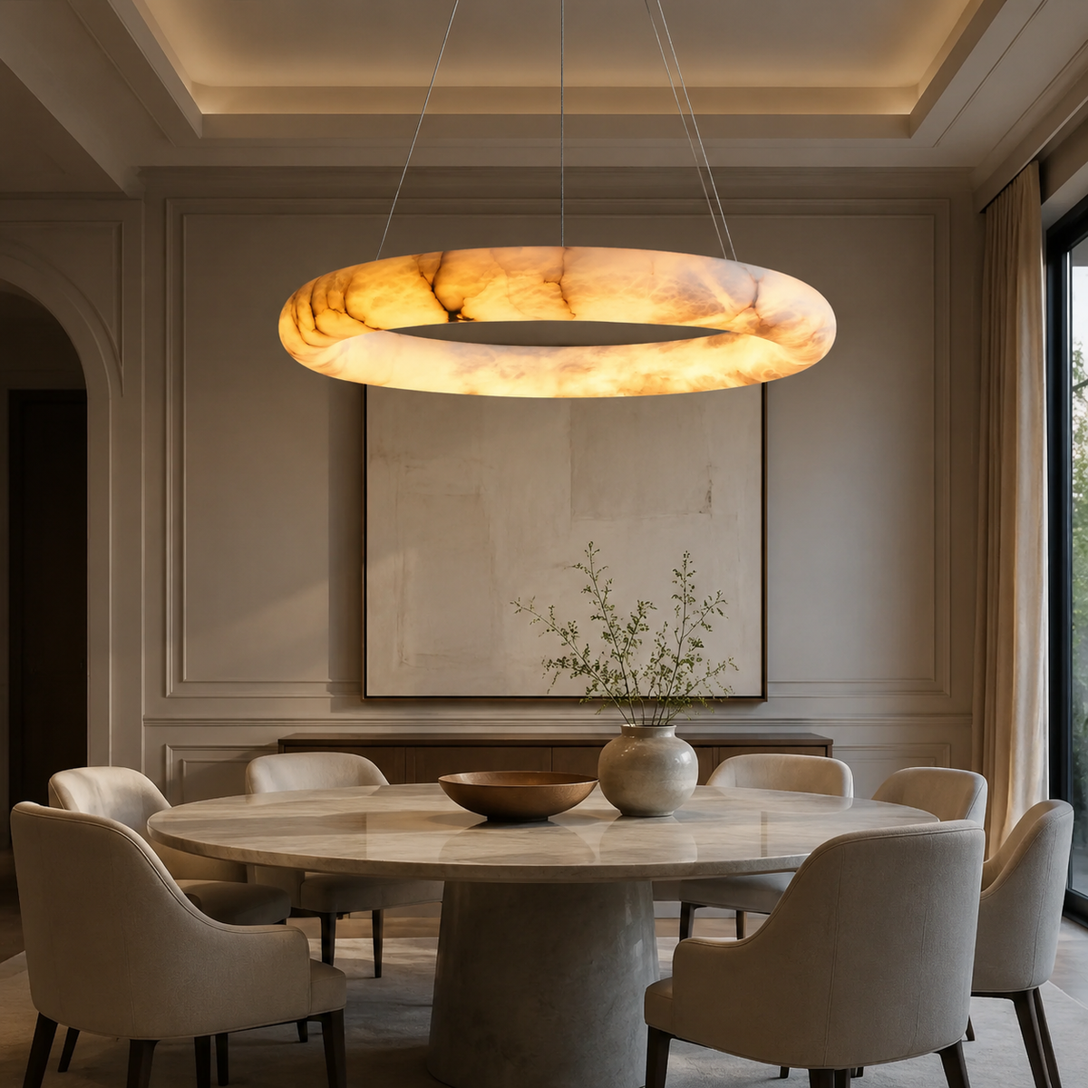 Alabaster halo chandelier with integrated LED ring and brass canopy